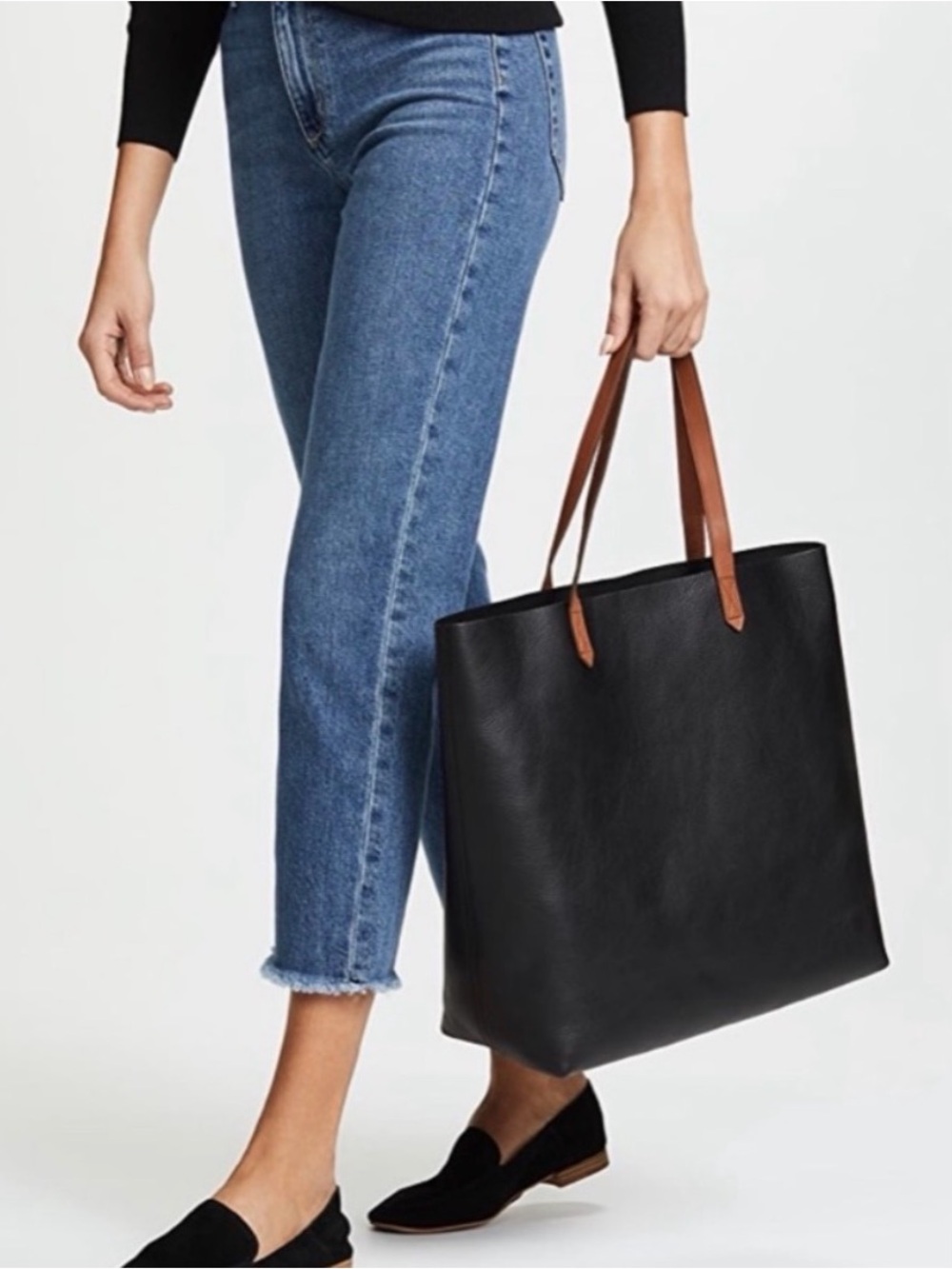 Madewell Transport Black Tote with Brown Leather Straps